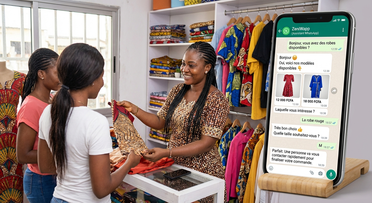 Vendeuse dans sa boutique au Cameroun pendant que ZeniWapp gère les commandes WhatsApp